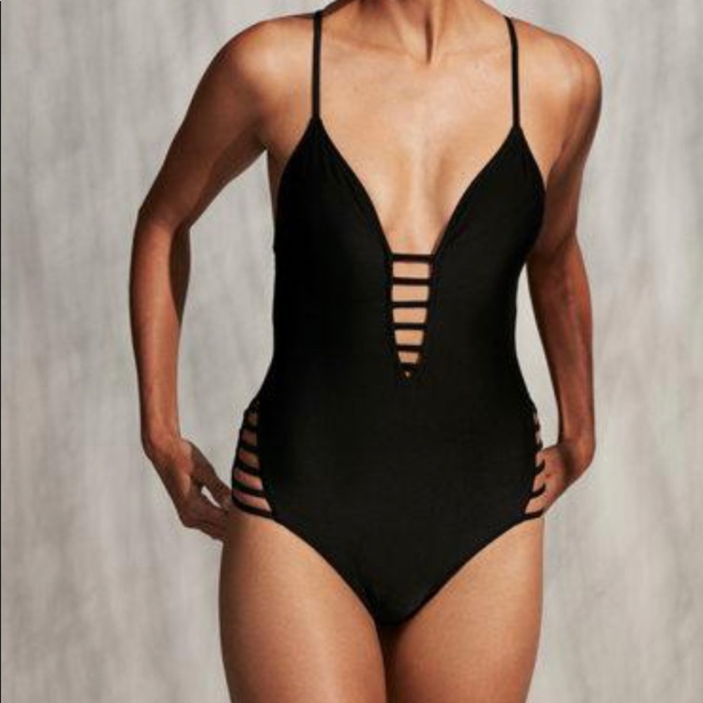 Black strapped-one piece swimsuit